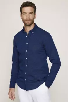 Спортивная темно-синяя рубашка из льна премиум-класса с длинными рукавами и воротником на пуговицах TUDORS