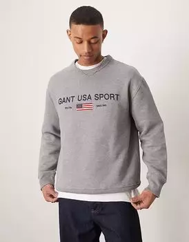 Спортивная толстовка свободного кроя GANT USA Sport серого меланжевого цвета с вышитым логотипом