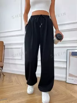 Спортивные брюки EZwear, однотонные, с кулиской на талии. Диагональный карман Shein, черный