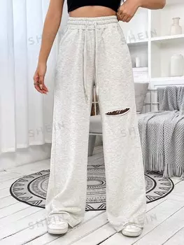 Спортивные брюки EZwear, рваные, с кулиской на талии, широкие штанины Shein, светло-серый