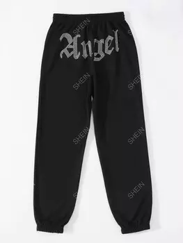 Спортивные брюки EZwear, узор в виде букв и драгоценных камней, пояс на кулиске Shein, черный