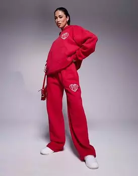 Спортивные брюки Kaiia с контрастным логотипом в виде сердца и глубоким поясом, широкие штанины, красный и розовый цвета