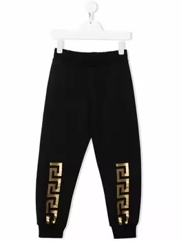 Спортивные брюки с принтом Greca и логотипом Versace Kids, черный