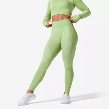 Спортивные леггинсы с карманом для смартфона и высокой талией бесшовные - зеленые DOMYOS, цвет gruen