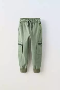 Спортивные технические брюки-грузы ZARA, средне-зеленый