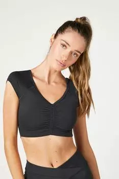 Спортивный бюстгальтер со сборками и V-образным вырезом Forever 21, черный
