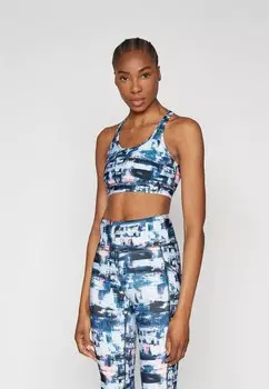 Спортивный бюстгальтер средней поддержки TULIP FIREFLY PRINT STRAPPY KEYHOLE BACK BRA DKNY, цвет poseidon blurred lights