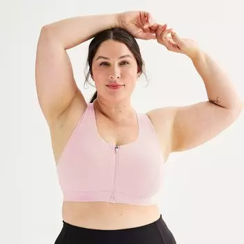 Спортивный бюстгальтер Tek Gear Ultrastretch со средней поддержкой и молнией спереди больших размеров, цвет Pink Layer