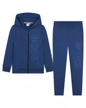 Спортивный костюм для мальчика с капюшоном и вертикальным логотипом BOSS Kidswear, темно-синий