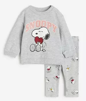 Спортивный костюм H&M Snoopy 2-piece Printed Cotton, светло-серый