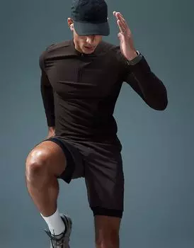 Спортивный топ Active Rib Slim Fit с длинными рукавами и застежкой-молнией темно-коричневого цвета ASOS 4505