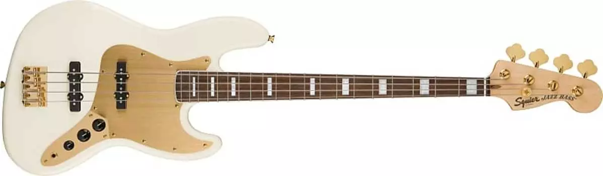 Squier 40th Anniversary Jazz Bass, Gold Edition, лавровый гриф, золотая анодированная накладка, олимпийский белый