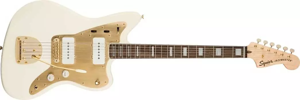 Squier 40th Anniversary Jazzmaster, Gold Edition, лавровый гриф, золотая анодированная накладка, олимпийский белый 40th Anniversary Jazzmaster, Gold Edition, Laurel Fingerboard, Gold Anodized Pickguard,