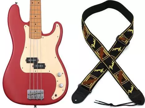 Squier 40th Anniversary Vintage Edition Precision Bass - Satin Dakota Red Bundle с 2-дюймовым гитарным ремнем Fender с монограммой - черный, желтый и коричневый Squier + Fender 0379530554=1 0990681000=1