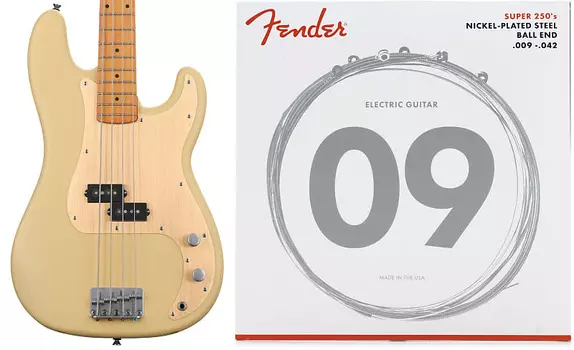 Squier 40th Anniversary Vintage Edition Precision Bass - Satin Vintage Blonde Bundle со струнами для электрогитары Fender 250L Super 250 из никелированной стали - .009-.042 Light Squier + Fender 0379530507=1 0730250403=1