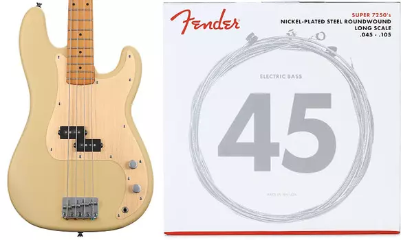 Squier 40th Anniversary Vintage Edition Precision Bass - Satin Vintage Blonde Bundle со струнами Fender 7250M из никелированной стали с длинной шкалой для бас-гитары - .045-.105 Medium Squier + Fender 0379530507=1 0737250406=1
