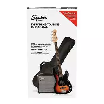 Squier Affinity PJ Bass Pack Rumble 15 3 Tone Sunburst 030-1972-032 Affinity Series Precision Bass PJ Pack with Rumble 15 Combo, Indian Laurel Fretboard