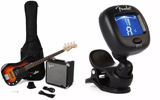 Squier Affinity Series Precision Bass PJ Pack 3-Color Sunburst с Laurel накладками на гриф в комплекте с Fender FT-1 Pro Chromatic Clip-on Headstock Tuner Fender + Squier 0239978000=1 0372980000=1