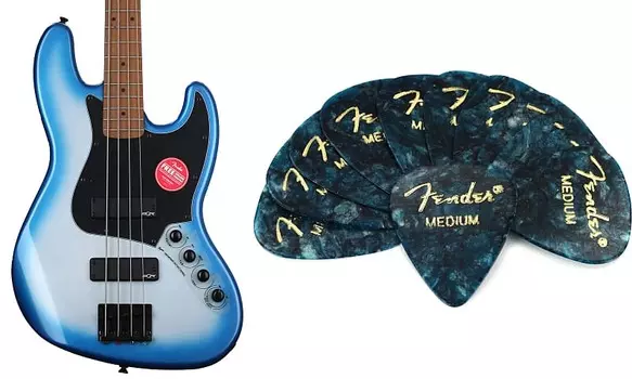 Squier Contemporary Active Jazz Bass HH - металлический набор Sky Burst с медиаторами из целлулоида премиум-класса в форме Fender 351 - Medium Ocean Turquoise, 12 упаковок Squier + Fender 0370451536=1 1980351808=1