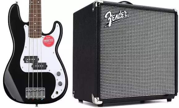 Squier Mini Precision Electric Bass — черный комплект с Fender Rumble 25 1x8" 25-ваттный басовый комбоусилитель Squier + Fender 0370127506=1 2370200000=1