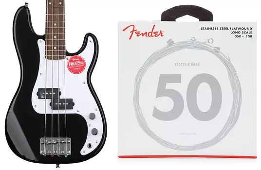 Squier Mini Precision Electric Bass - черный комплект со струнами для бас-гитары Fender 9050ML из нержавеющей стали с плоской обмоткой - .050-.100 Medium Light Squier + Fender 0370127506=1 0739050405=1