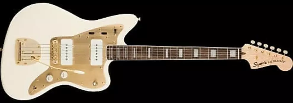 Squire 40th Anniversary Jazzmaster, Gold Edition, лавровый гриф, золотая анодированная накладка, олимпийский белый Squier SQ 40 JZMSTR LRL GHW GPG OWT