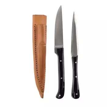 Средневековый набор столовых приборов тип 1, включая двойные кожаные ножны и черную ручку Vehi Mercatus, черный