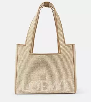 Средний джутовый холщовый шоппер с жаккардовым принтом Font Loewe, экрю