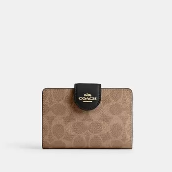 Средний кошелек с угловой молнией COACH, цвет gold/tan/black