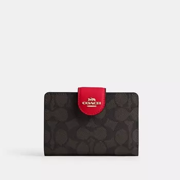 Средний кошелек с угловой молнией COACH, цвет gold/walnut/bold red