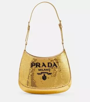 Средняя блестящая сумка через плечо Cleo Medium Prada, Platino+Nero