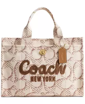 Средняя фирменная холщовая сумка-тоут карго COACH, коричневый/бежевый