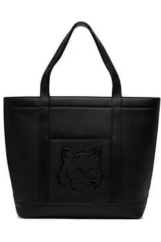 Средняя кожаная сумка-тоут с головой лисы Maison Kitsun, черный