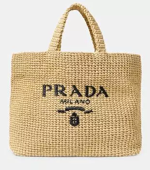 Средняя сумка-тоут из рафии с логотипом Prada, Naturale
