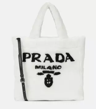 Средняя сумка-тоут из стриженой овчины с логотипом Prada, Bianco/Nero