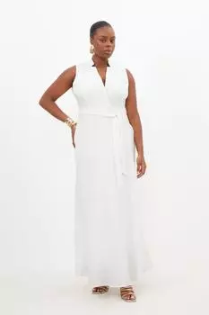 Сшитое на заказ льняное платье премиум-класса с вырезом и поясом больших размеров Karen Millen, белый