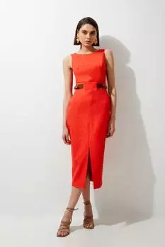 Сшитое на заказ льняное платье миди премиум-класса Petite с поясом из искусственной кожи и хлястиком на талии Karen Millen, красный