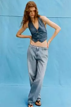 Сшитые на заказ джинсы trf со средней талией ZARA, светло-синий