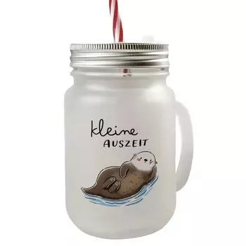 Стакан для питья Otter Mason Jar с ручкой и крышкой с надписью Kleine Auszeit speecheese, серый