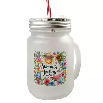 Стакан для питья с ручкой Sun and Summer Mason с крышкой и надписью Summer Feeling speecheese