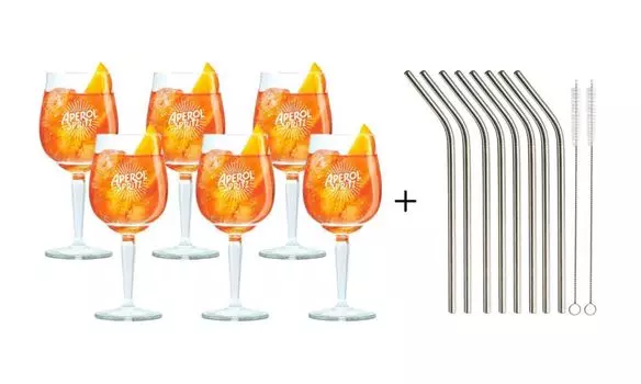 Стаканы Aperol Spritz 450 мл — 6 шт. и многоразовые трубочки — 8 шт, прозрачный