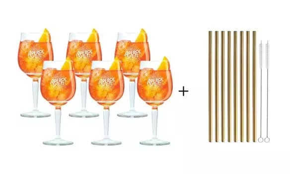 Стаканы Aperol Spritz 450 мл — 6 шт. и многоразовые трубочки — 8 шт, прозрачный