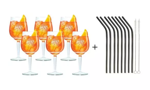 Стаканы Aperol Spritz 450 мл — 6 шт. и многоразовые трубочки — 8 шт, прозрачный