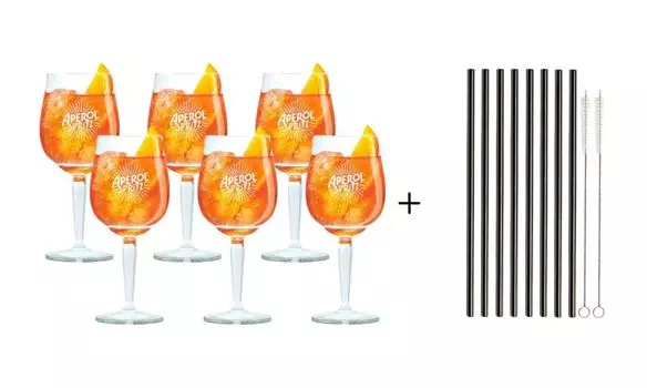 Стаканы Aperol Spritz 450 мл — 6 шт. и многоразовые трубочки — 8 шт, прозрачный