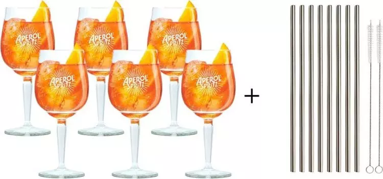 Стаканы Aperol Spritz 450 мл — 6 шт. и многоразовые трубочки — 8 шт, прозрачный