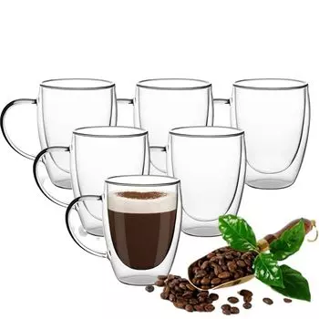 Стаканы для кофе и чая с двойными стенками и ушками - термостекло - прозрачные - 6x 350мл HomeShopXL