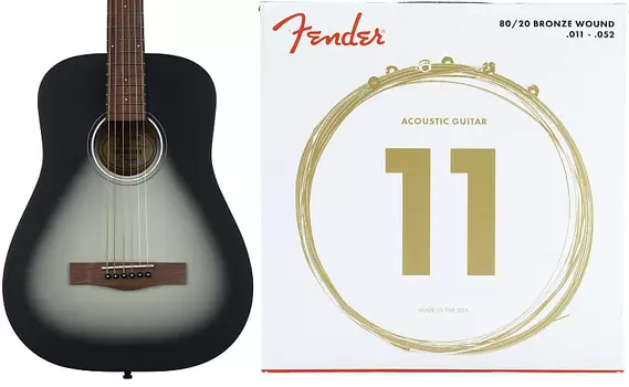 Стальная акустическая гитара Fender FA-15 в масштабе 3/4 — комплект Moonlight со струнами для акустической гитары Fender 70CL 80/20 Bronze — .011–.052 Custom Light 0971170135=1 0730070405=1