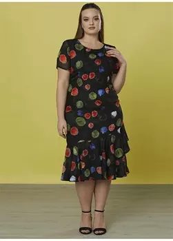 Стандартное черное женское платье с круглым вырезом и принтом Selen