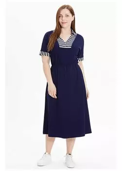 Стандартное женское платье темно-синего цвета в полоску с V-образным вырезом 24YSL7482-BB Selen, темно-синий