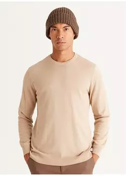 Стандартный бежевый меланжевый мужской свитер с круглым вырезом Altnyldz Classic